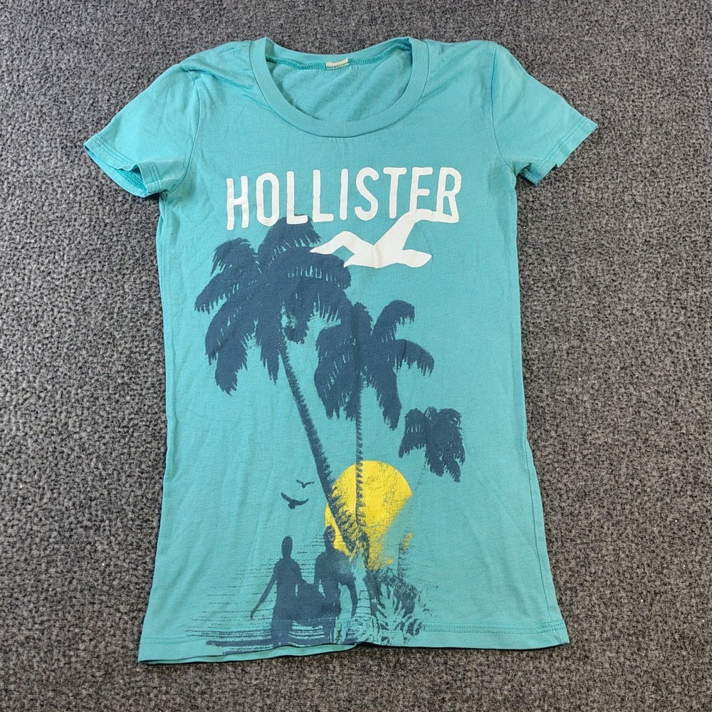 Y2k Hollister Graphic Tee Turquoise Blue Palm Tree Surf California Beach